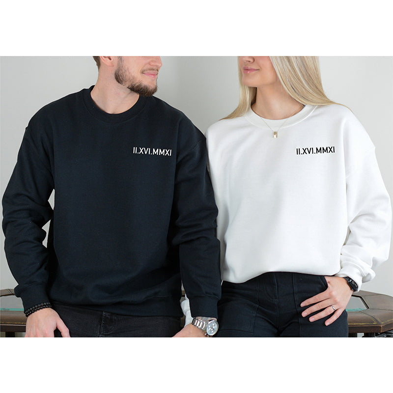Individuell besticktes Paar-Sweatshirt mit römischen Ziffern und Datum