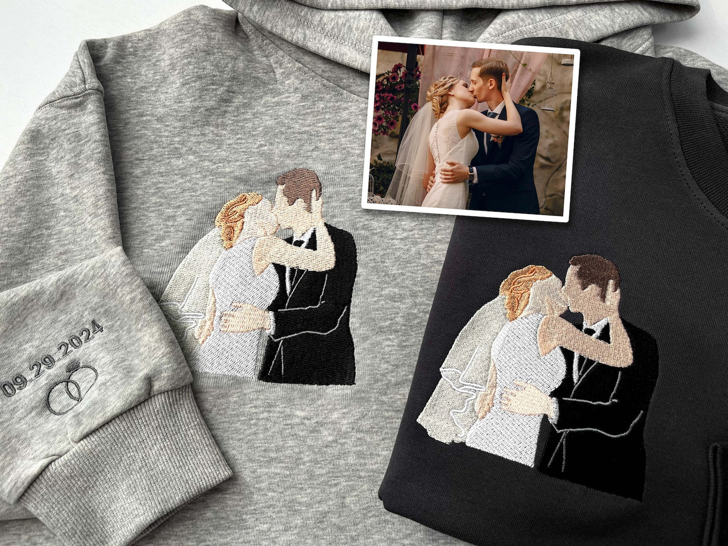Individuell besticktes Sweatshirt, individuell bestickter Hoodie, individuelles Fotoportrait, individuell besticktes Shirt, gesichtsloses Familienporträt, Geschenk für Paare