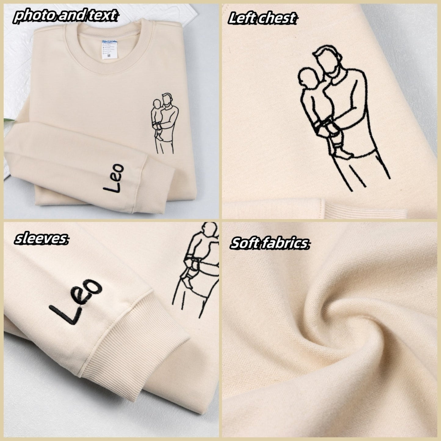 Personalisiertes Besticktes Portrait Sweatshirt, Personalisierter Foto Hoodie, Sweatshirt Für Ihn, Name Auf Manschettenknöpfe Gestickt, Paar Hoodie, Jubiläumsgeschenk