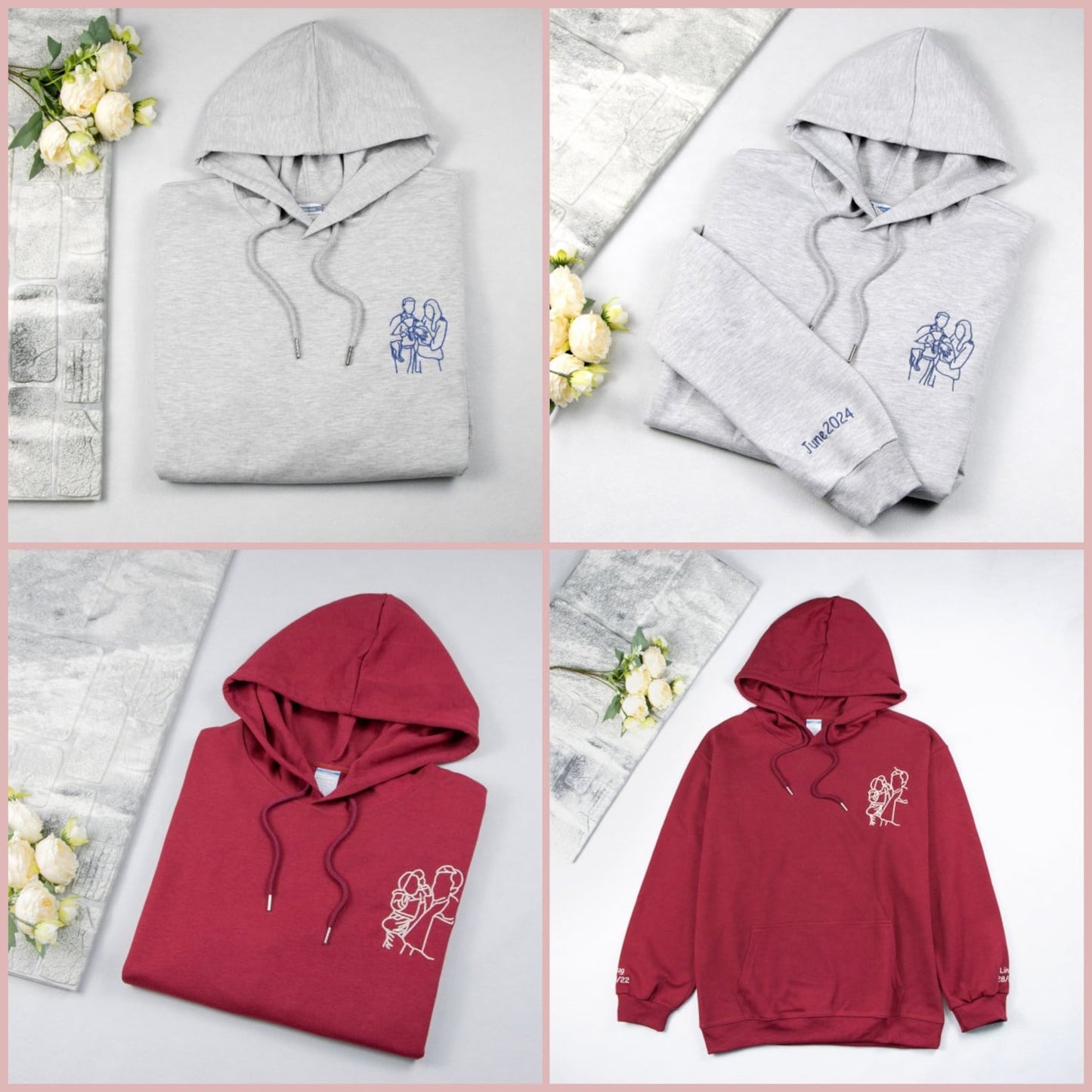 Personalisiertes Besticktes Portrait Sweatshirt, Personalisierter Foto Hoodie, Sweatshirt Für Ihn, Name Auf Manschettenknöpfe Gestickt, Paar Hoodie, Jubiläumsgeschenk