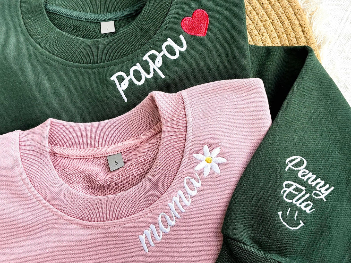 Personalisiertes Papa/Mama Besticktes Sweatshirt mit Kindernamen am Ärmel, Papa/Mama Schwangerschaftsankündigungs-Sweatshirt, Vatertagsgeschenk