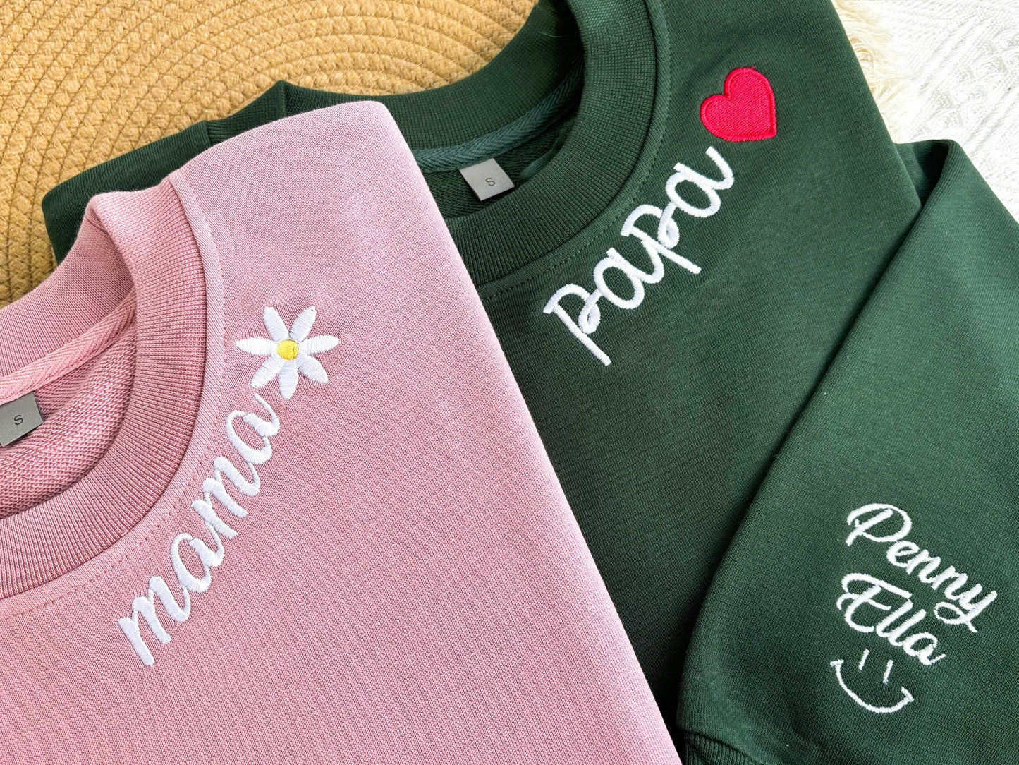Personalisiertes Papa/Mama Besticktes Sweatshirt mit Kindernamen am Ärmel, Papa/Mama Schwangerschaftsankündigungs-Sweatshirt, Vatertagsgeschenk