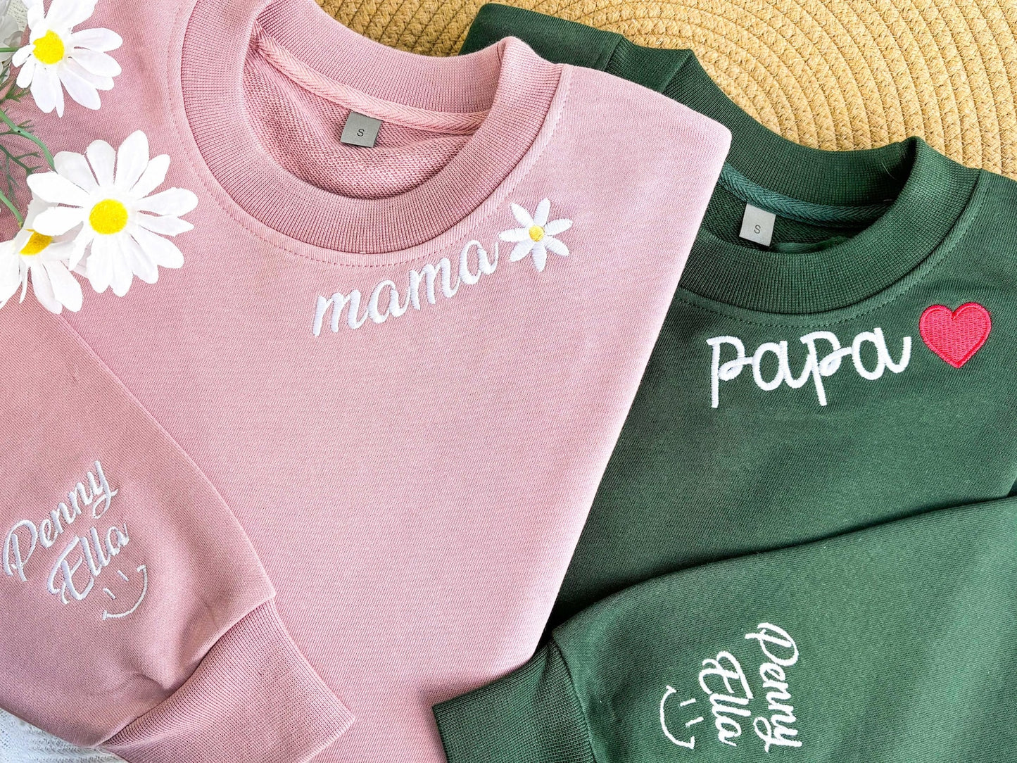 Personalisiertes Papa/Mama Besticktes Sweatshirt mit Kindernamen am Ärmel, Papa/Mama Schwangerschaftsankündigungs-Sweatshirt, Vatertagsgeschenk