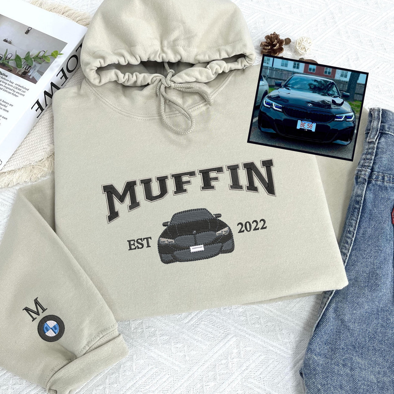 Bestickter Auto-Kapuzenpullover, Autofoto bestickt, Benutzerdefinierter Autonamen-Kapuzenpullover, Oldtimer bestickt, Jubiläumsgeschenke für Autoliebhaber