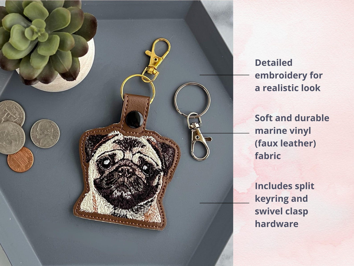 Benutzerdefinierter bestickter Mops-Schlüsselanhänger – realistischer Schlüsselanhänger aus Kunstleder, ideales Geschenk für Hundeliebhaber