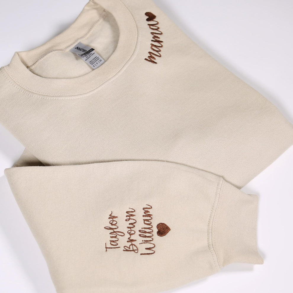 Besticktes Sweatshirt für Mama mit Kindernamen am Ärmel, personalisierter Hoodie mit Stickerei für Mama, Geburtstagsoutfits für Mama, Schwangerschaftsgeschenke