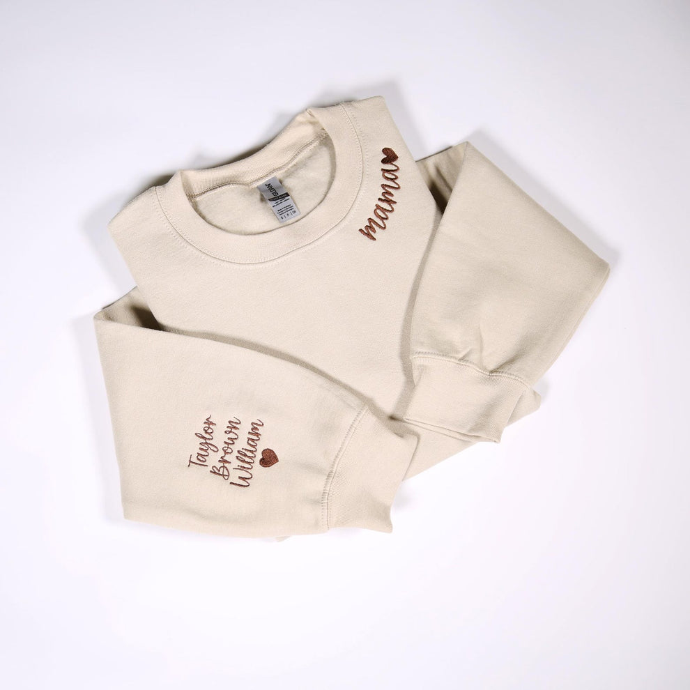 Besticktes Sweatshirt für Mama mit Kindernamen am Ärmel, personalisierter Hoodie mit Stickerei für Mama, Geburtstagsoutfits für Mama, Schwangerschaftsgeschenke