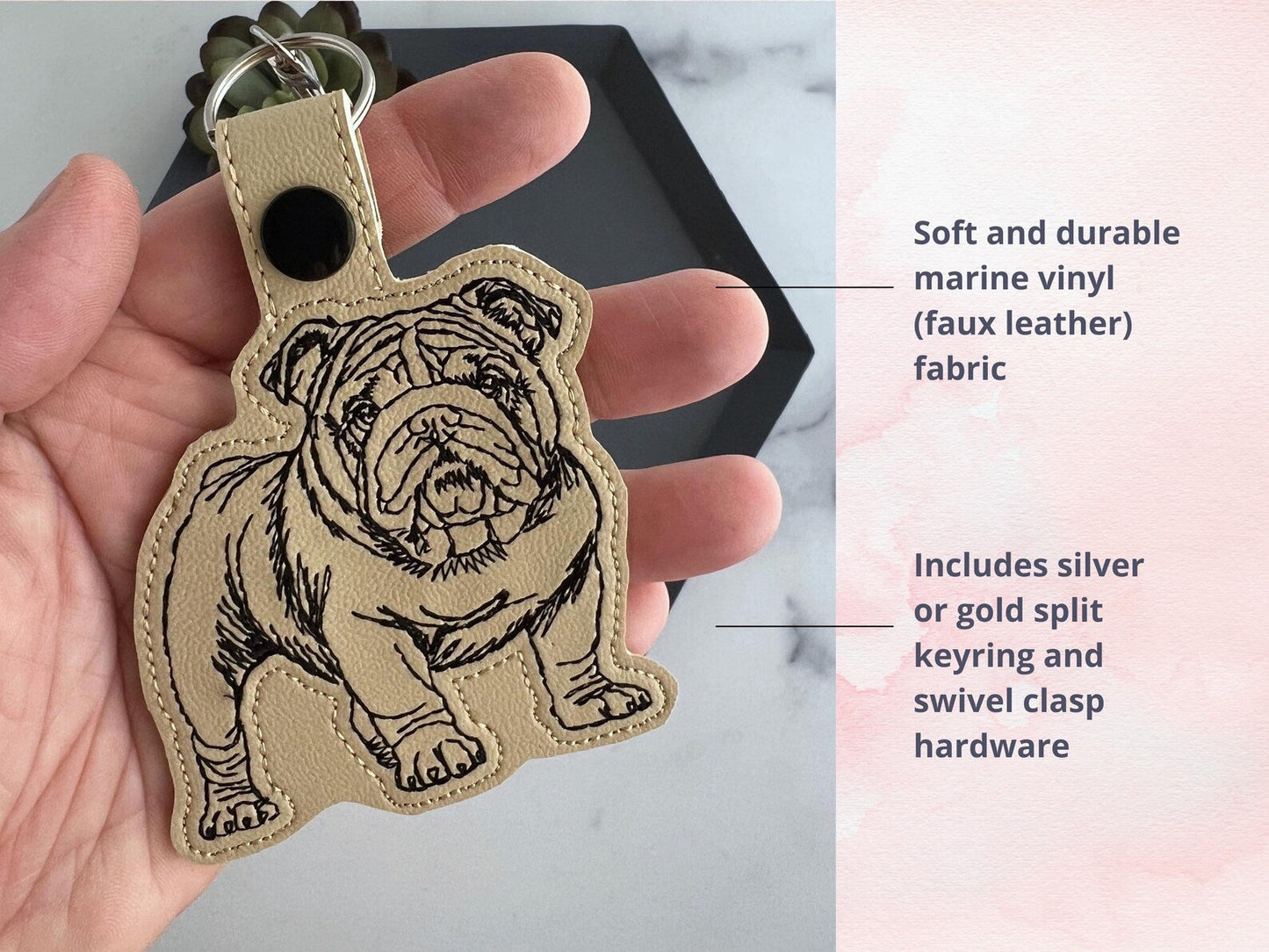 Maßgeschneiderter Bestickter Englische Bulldogge-Porträt-Schlüsselanhänger - Skizzenstil Schlüsselanhänger oder Taschenanhänger, Mehrere Farboptionen, Perfektes Geschenk für Hundeliebhaber