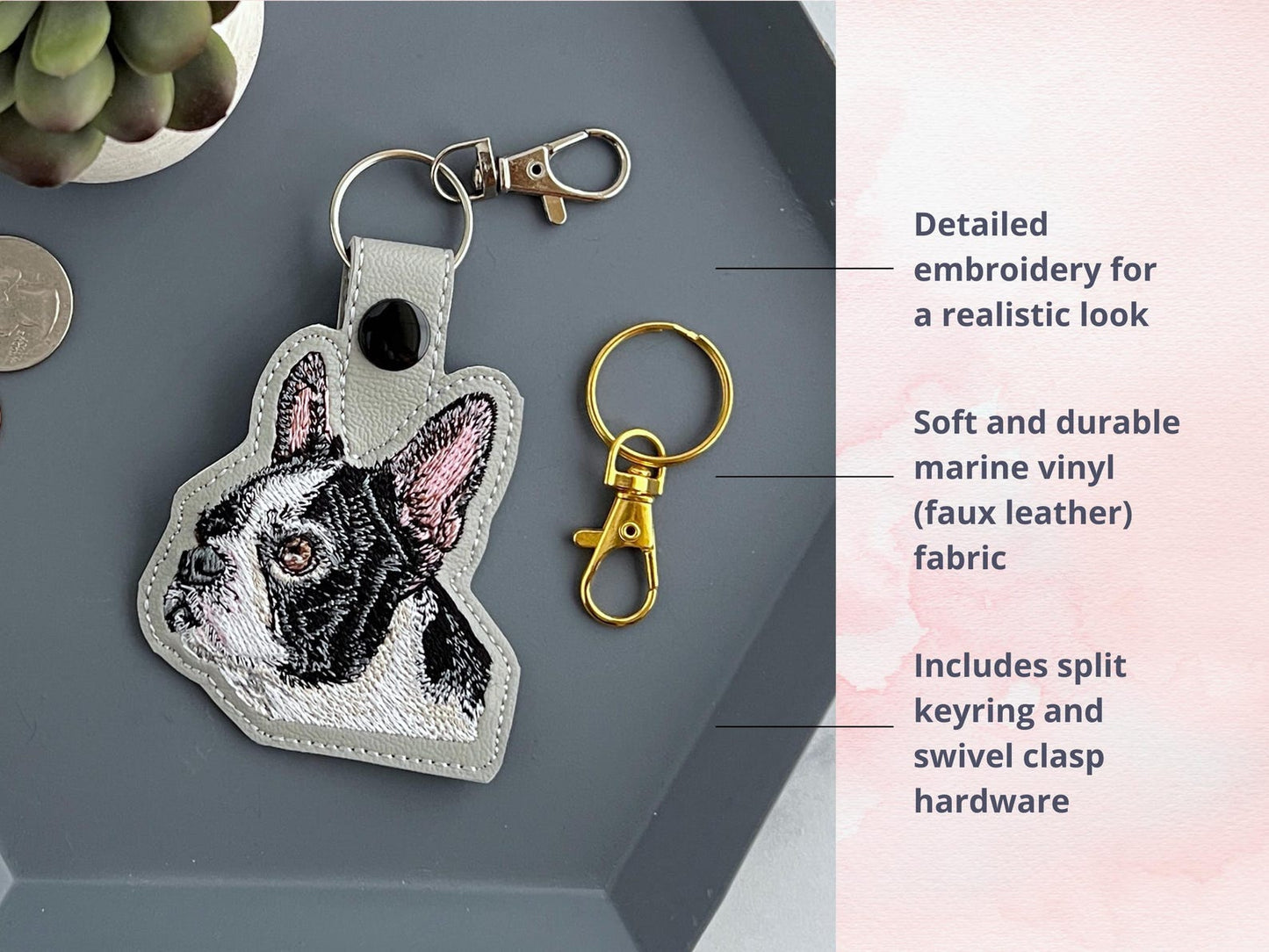 Maßgeschneiderter Bestickter Boston Terrier Schlüsselanhänger - Realistischer Schlüsselanhänger oder Taschenanhänger, Perfektes Geschenk für Hundeliebhaber