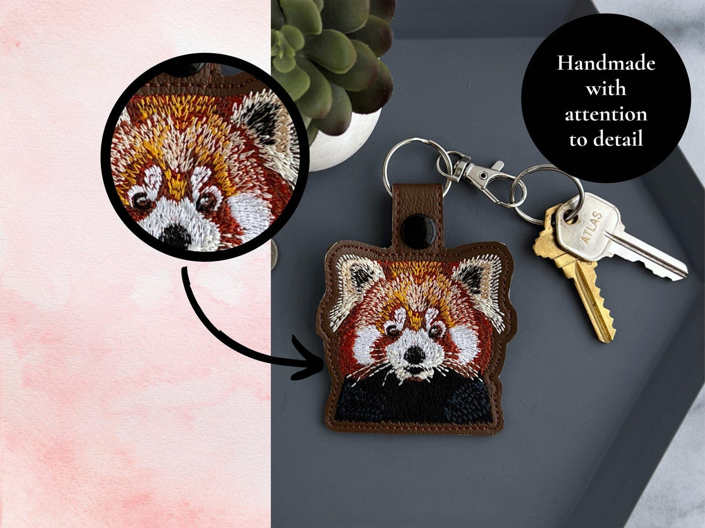 Entzückender Schlüsselanhänger mit roter Panda-Stickerei – süßer Schlüsselanhänger oder Taschenanhänger, perfektes Geschenk für Panda-Fans