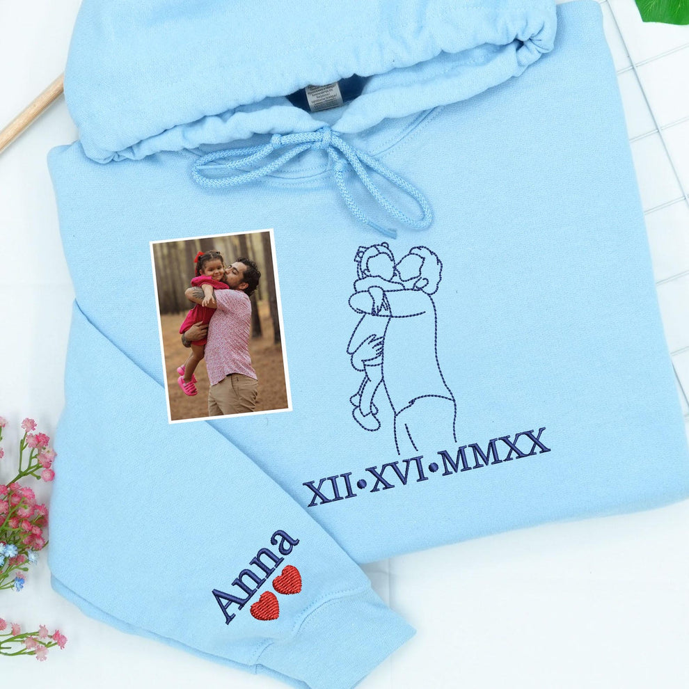 Besticktes Sweatshirt mit Bild von Papa und Tochter | Maßgeschneiderte Sweatshirts für Papa | Personalisiertes Papa-Portrait-Kapuzenshirt | Geschenke zum Vatertag für Papa