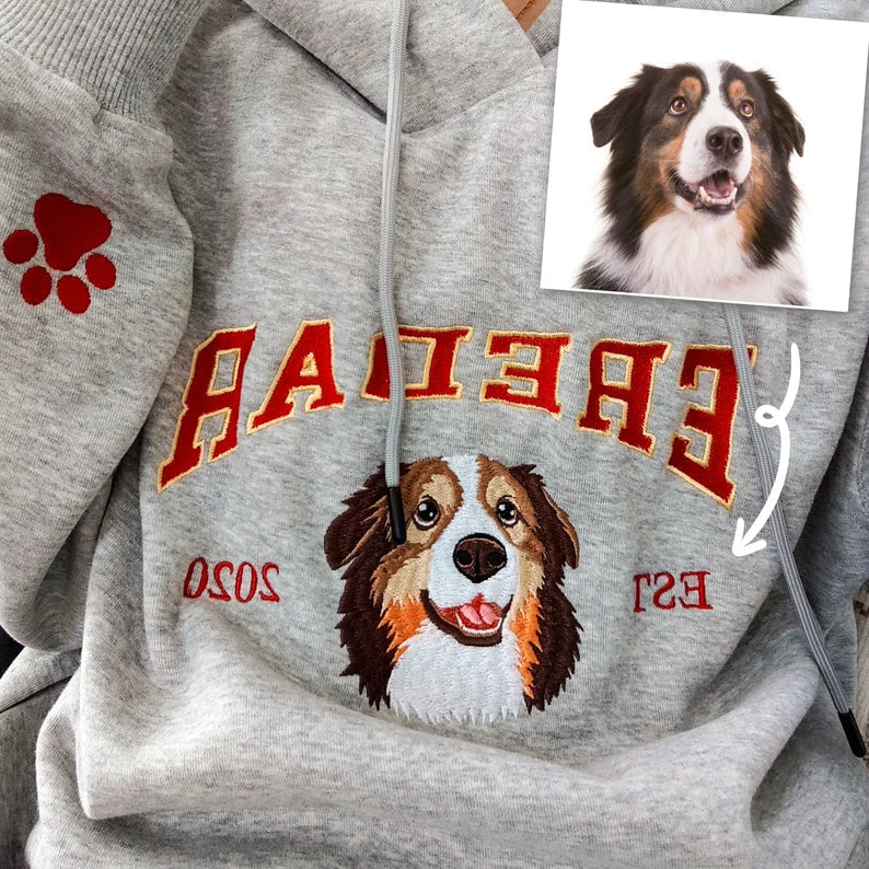 Benutzerdefinierter Hunde-Kapuzenpullover, bestickter Hundename, personalisiertes Haustier-Gesichts-Sweatshirt von Ihrem Foto, Kapuzenpullover im Varsity-Stil, Geschenke für Hundeliebhaber