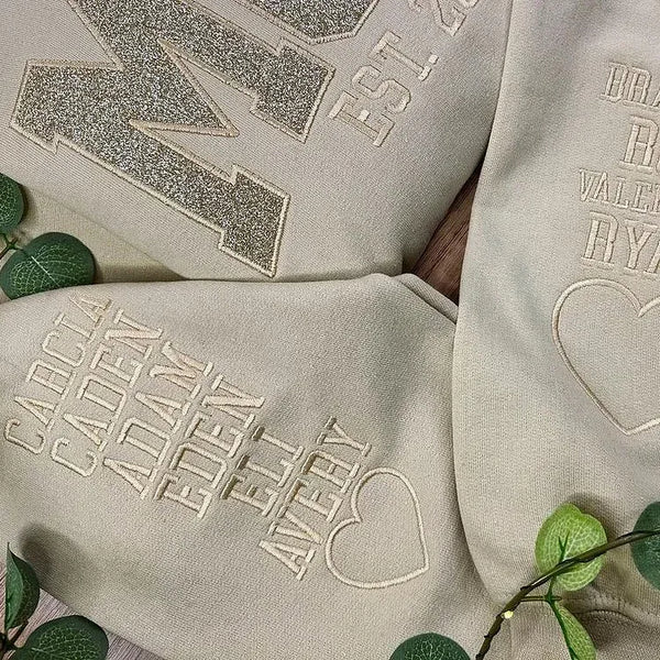 Glitzerndes Mama-Sweatshirt mit gestickter Applikation und Kindernamen auf dem Ärmel
