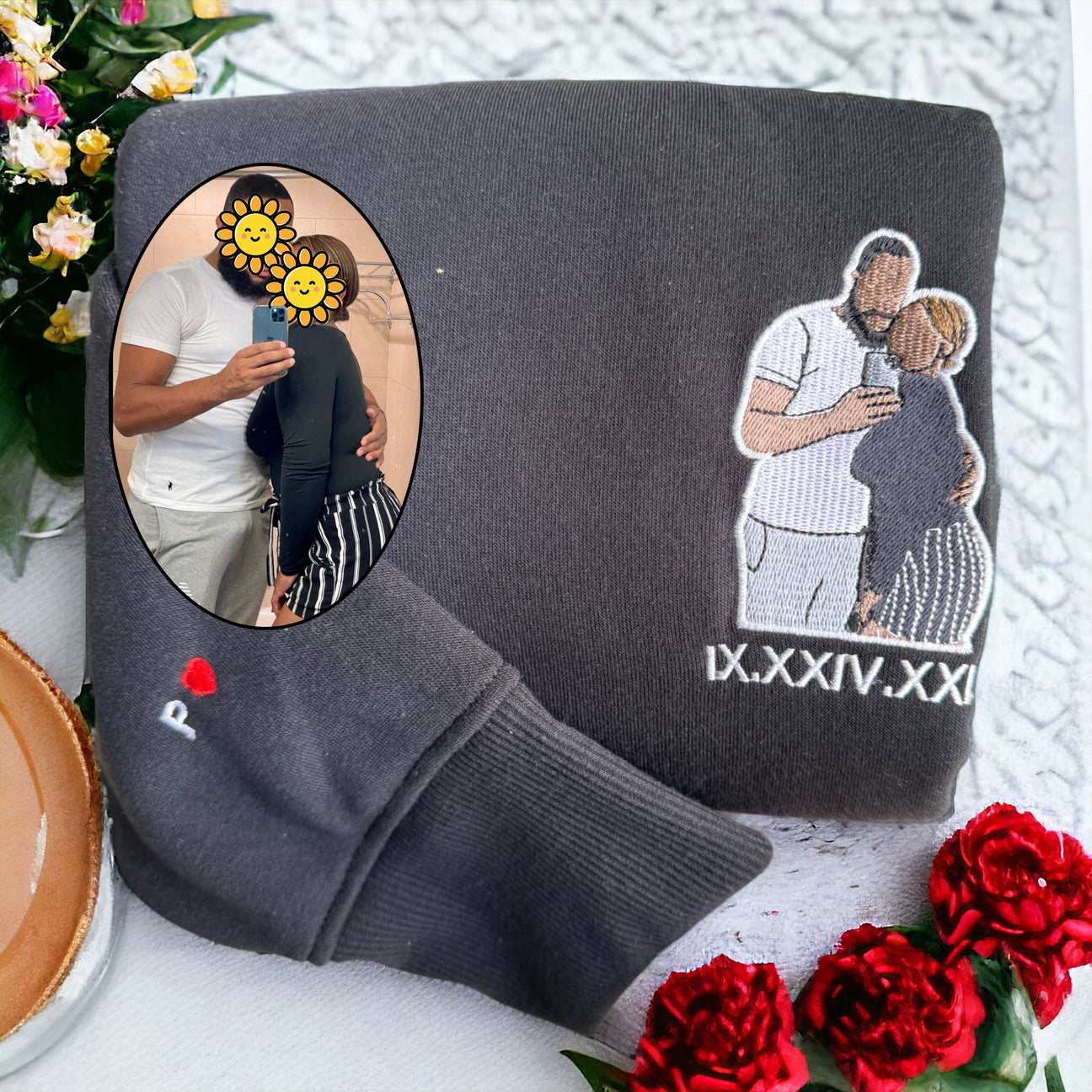 Benutzerdefiniertes besticktes Paar-Sweatshirt, personalisiertes Porträt mit Musik-Player-Design, perfektes Familiengeschenk