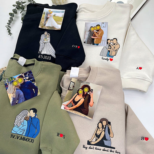 Benutzerdefiniertes besticktes Paar-Sweatshirt, personalisiertes Porträt mit Musik-Player-Design, perfektes Familiengeschenk