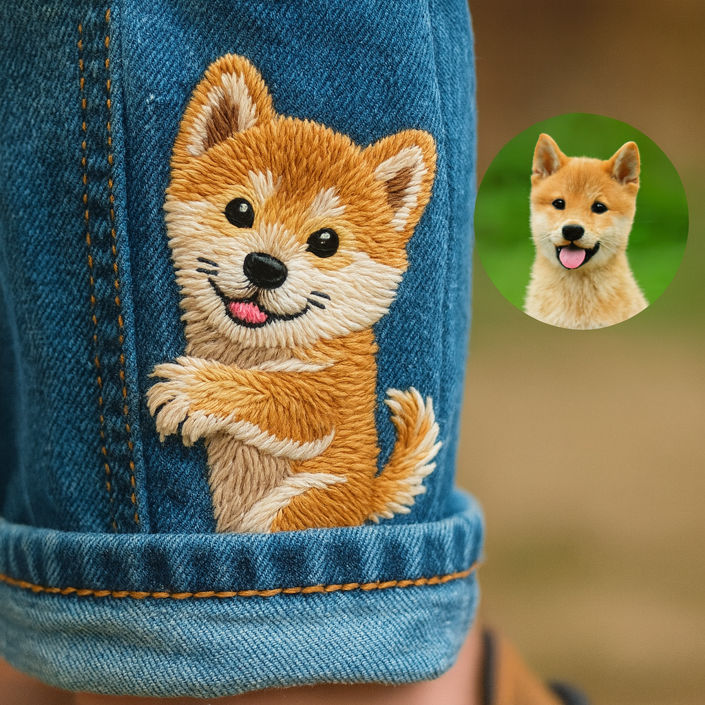 Jeans mit individuell besticktem Haustierporträt – Personalisiertes Geschenk für Tierliebhaber – Hundedenkmal – Katzenandenken – Von Ihrem Foto.