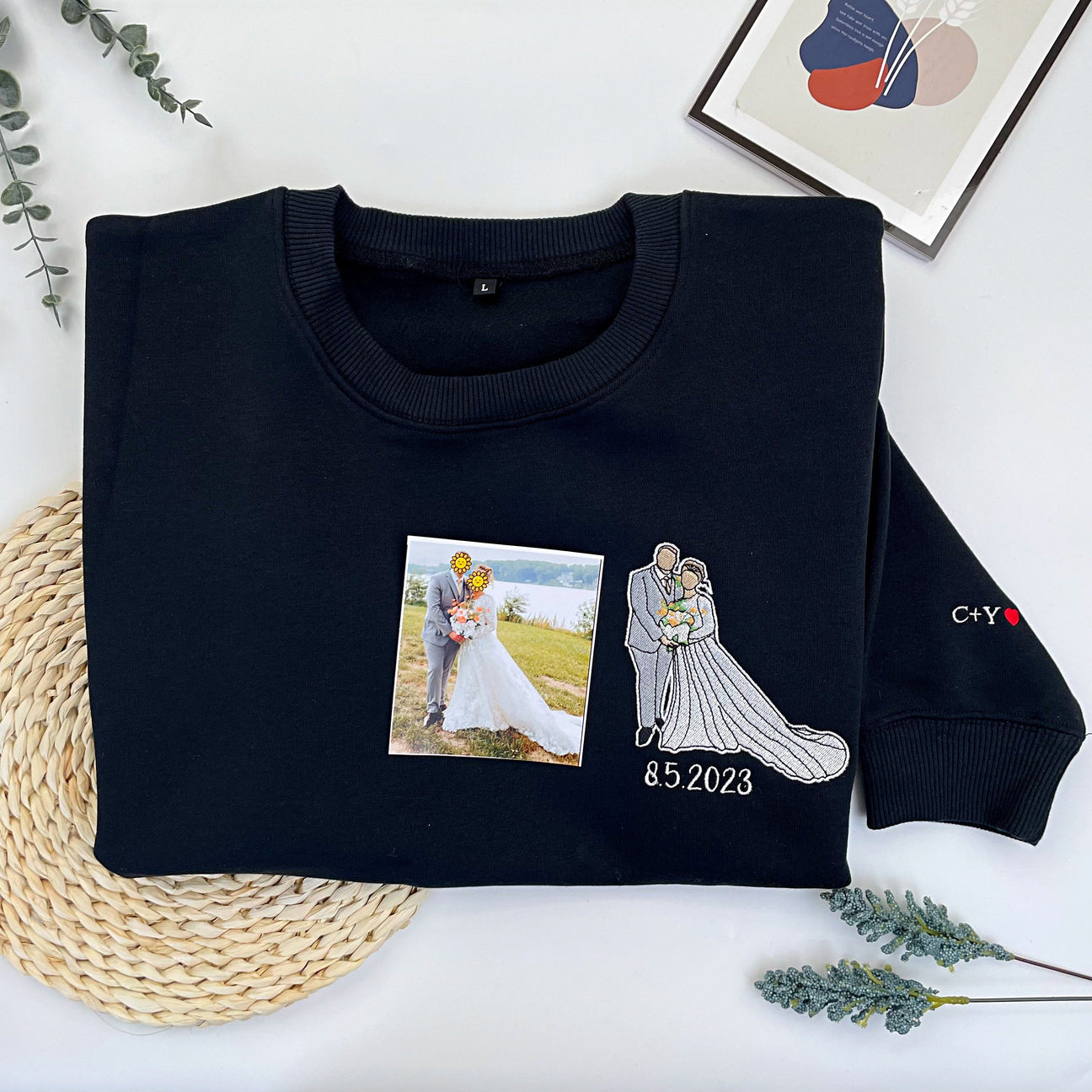 Benutzerdefiniertes besticktes Paar-Sweatshirt, personalisiertes Porträt mit Musik-Player-Design, perfektes Familiengeschenk