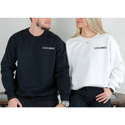 Individuell besticktes Paar-Sweatshirt mit römischen Ziffern und Datum