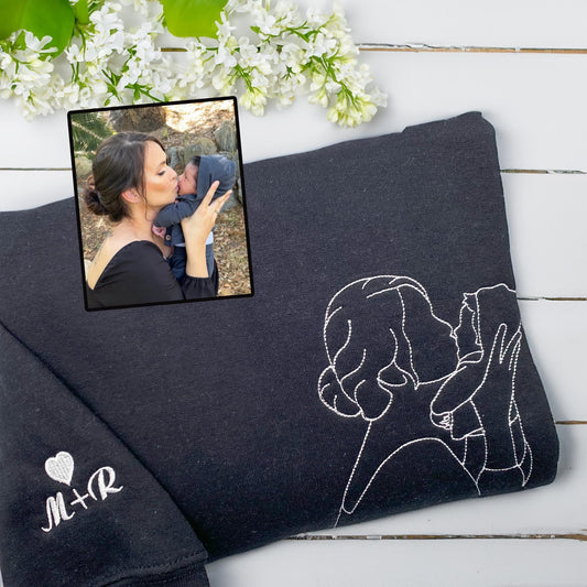 Personalisiertes, besticktes Sweatshirt zum Muttertag | Foto in Stickerei verwandeln – Einzigartiges Geschenk für Mama