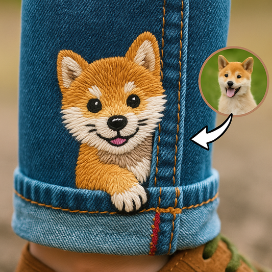 Jeans mit individuell besticktem Haustierporträt – Personalisiertes Geschenk für Tierliebhaber – Hundedenkmal – Katzenandenken – Von Ihrem Foto.