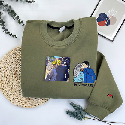 Benutzerdefiniertes besticktes Paar-Sweatshirt, personalisiertes Porträt mit Musik-Player-Design, perfektes Familiengeschenk