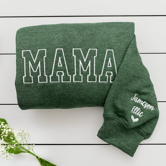 Besticktes Mama-Sweatshirt, personalisiertes Mama-Sweatshirt mit Kindernamen am Ärmel, neues Mama-Outfit, Muttertagsgeschenk für Mama