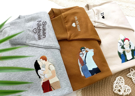Individuell besticktes Sweatshirt, individuell bestickter Hoodie, individuelles Fotoportrait, individuell besticktes Shirt, gesichtsloses Familienporträt, Geschenk für Paare