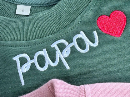 Personalisiertes Papa/Mama Besticktes Sweatshirt mit Kindernamen am Ärmel, Papa/Mama Schwangerschaftsankündigungs-Sweatshirt, Vatertagsgeschenk