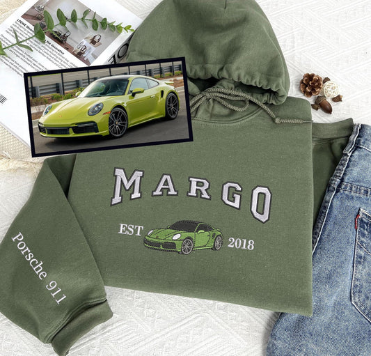 Bestickter Auto-Kapuzenpullover, Autofoto bestickt, Benutzerdefinierter Autonamen-Kapuzenpullover, Oldtimer bestickt, Jubiläumsgeschenke für Autoliebhaber