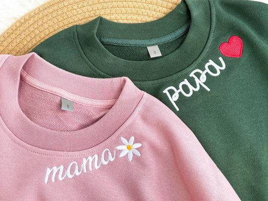 Personalisiertes Papa/Mama Besticktes Sweatshirt mit Kindernamen am Ärmel, Papa/Mama Schwangerschaftsankündigungs-Sweatshirt, Vatertagsgeschenk