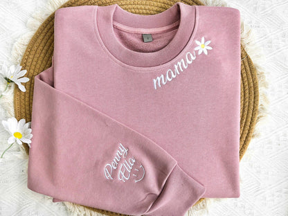 Personalisiertes Papa/Mama Besticktes Sweatshirt mit Kindernamen am Ärmel, Papa/Mama Schwangerschaftsankündigungs-Sweatshirt, Vatertagsgeschenk