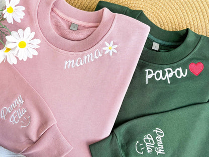 Personalisiertes Papa/Mama Besticktes Sweatshirt mit Kindernamen am Ärmel, Papa/Mama Schwangerschaftsankündigungs-Sweatshirt, Vatertagsgeschenk