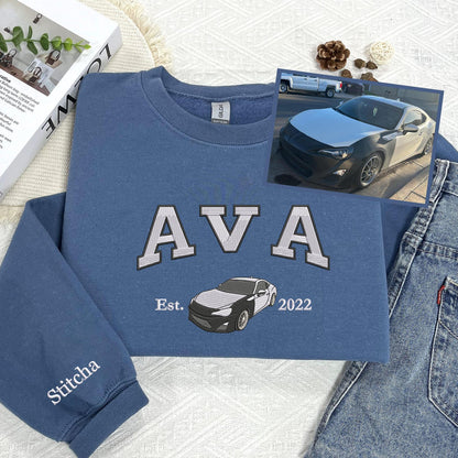 Bestickter Auto-Kapuzenpullover, Autofoto bestickt, Benutzerdefinierter Autonamen-Kapuzenpullover, Oldtimer bestickt, Jubiläumsgeschenke für Autoliebhaber