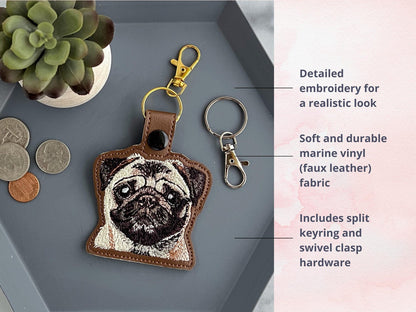 Benutzerdefinierter bestickter Mops-Schlüsselanhänger – realistischer Schlüsselanhänger aus Kunstleder, ideales Geschenk für Hundeliebhaber