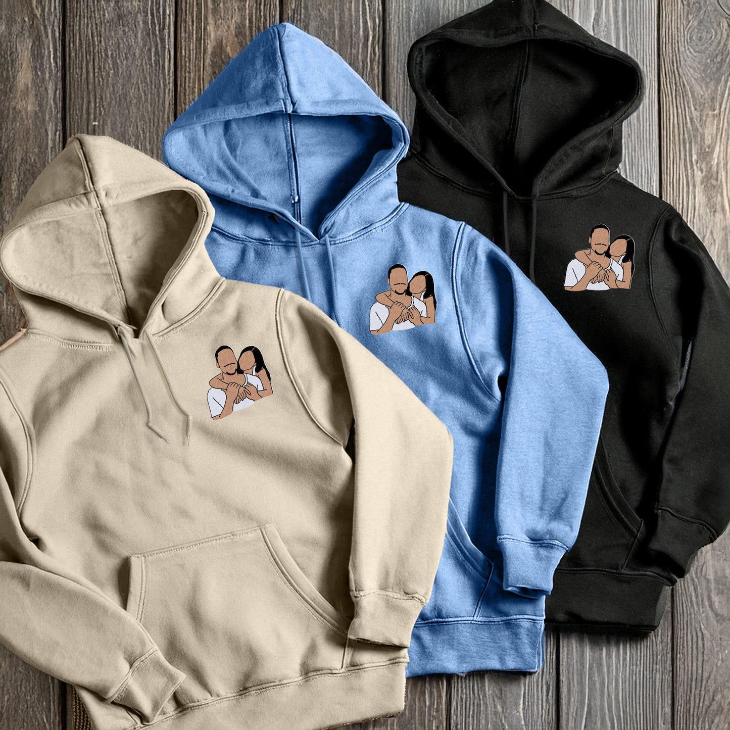 Personalisierter Hoodie mit Porträtmotiv für Paare, Hoodie mit Datum, Partner-Hoodies, bestickte Partner-Hoodies, romantisches Geschenk für Paare