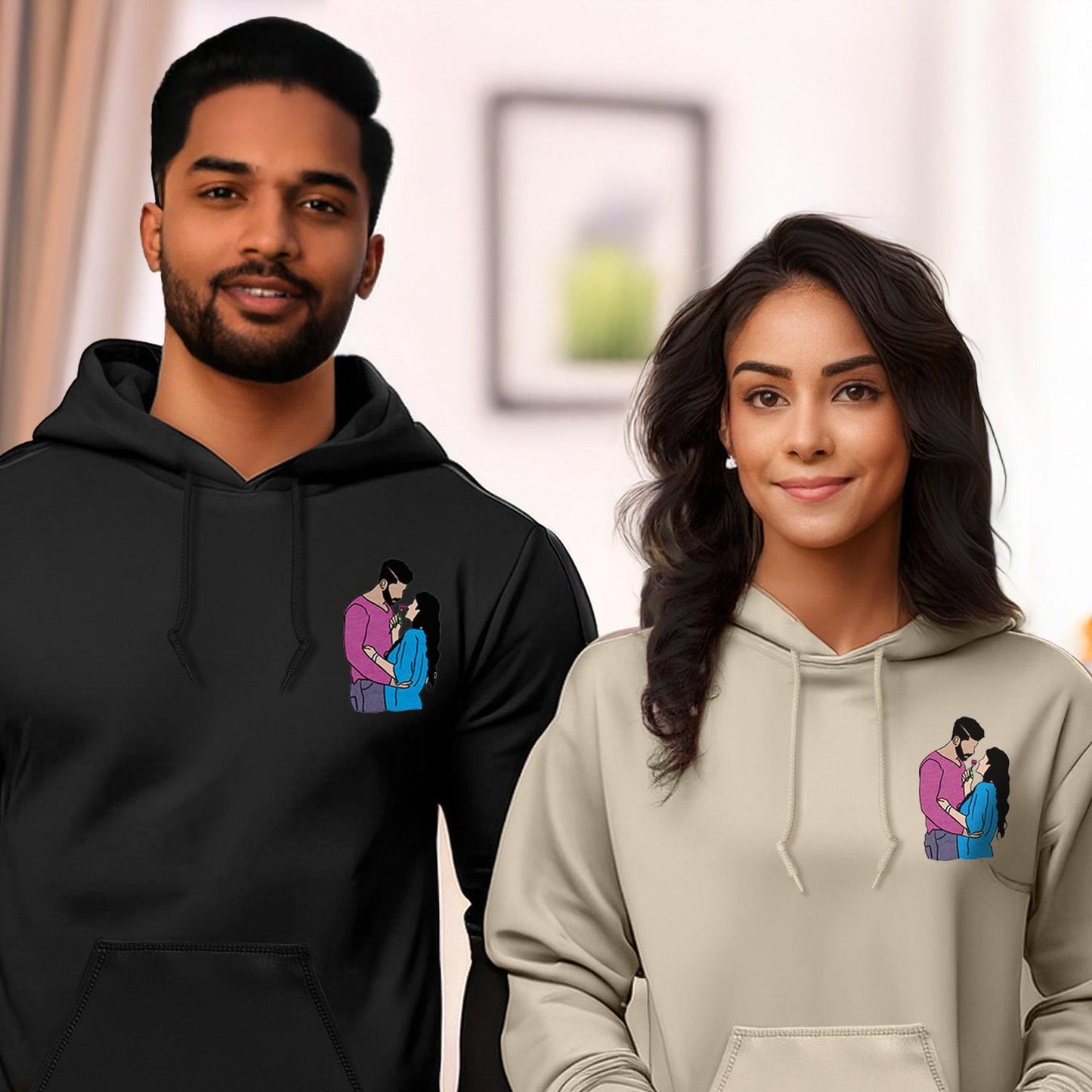 Personalisierter Hoodie mit Porträtmotiv für Paare, Hoodie mit Datum, Partner-Hoodies, bestickte Partner-Hoodies, romantisches Geschenk für Paare