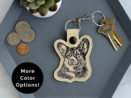 Maßgeschneiderter Bestickter Corgi-Porträt-Schlüsselanhänger - Skizzenstil Schlüsselanhänger oder Taschenanhänger, Mehrere Farboptionen, Perfektes Geschenk für Hundeliebhaber