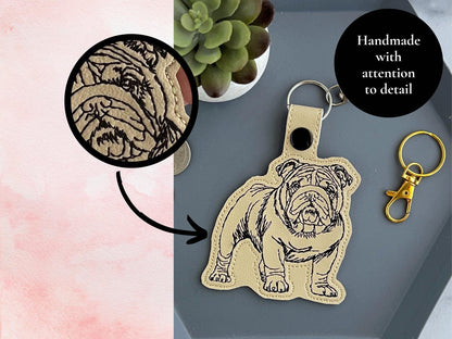 Maßgeschneiderter Bestickter Englische Bulldogge-Porträt-Schlüsselanhänger - Skizzenstil Schlüsselanhänger oder Taschenanhänger, Mehrere Farboptionen, Perfektes Geschenk für Hundeliebhaber