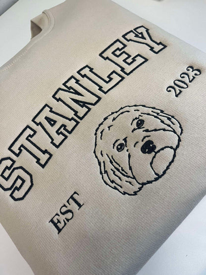 Personalisierter Hunde-Hoodie mit gesticktem Namen, individuelles Sweatshirt mit Haustiermotiv nach Foto, Hundebekleidung im College-Stil, perfektes Geschenk für Tierliebhaber