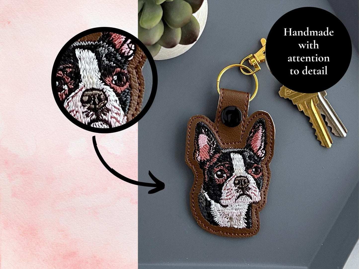 Maßgeschneiderter Bestickter Boston Terrier Schlüsselanhänger - Realistischer Schlüsselanhänger oder Taschenanhänger, Perfektes Geschenk für Hundeliebhaber