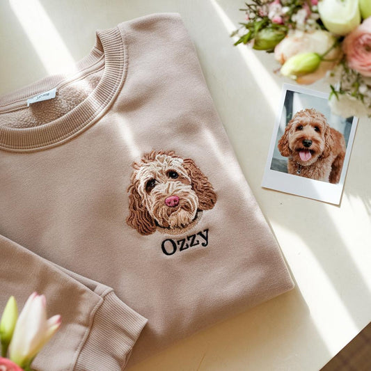 Personalisierter bestickter Haustierpullover mit Namen & Porträt – Geschenk für Hunde- & Katzenliebhaber