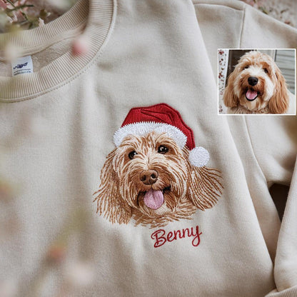 Personalisierter Weihnachts-Sweatshirt mit Haustier-Stickerei – Foto-Geschenk für Hunde- & Katzenliebhaber