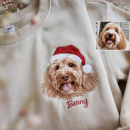 Personalisierter Weihnachts-Sweatshirt mit Haustier-Stickerei – Foto-Geschenk für Hunde- & Katzenliebhaber