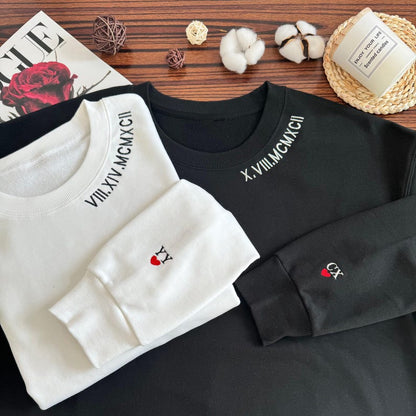 Individuell besticktes Paar-Sweatshirt mit römischen Ziffern und Datum