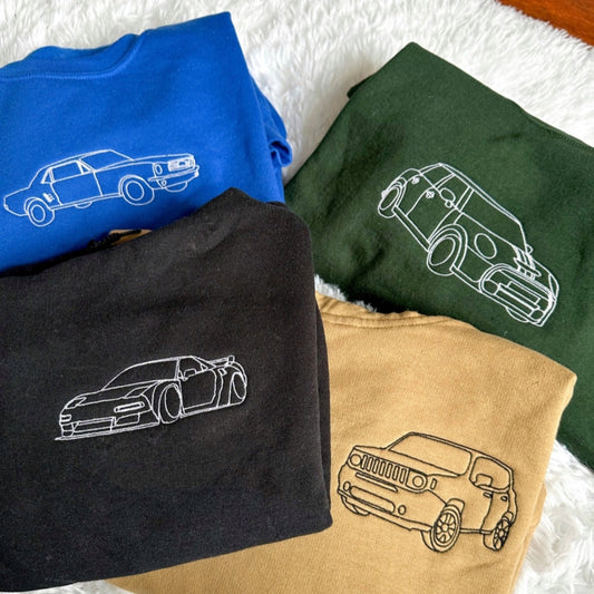 Individuelle Stickerei mit Autoporträt auf T-Shirt, passender Kapuzenpullover mit individuellem Autoporträt